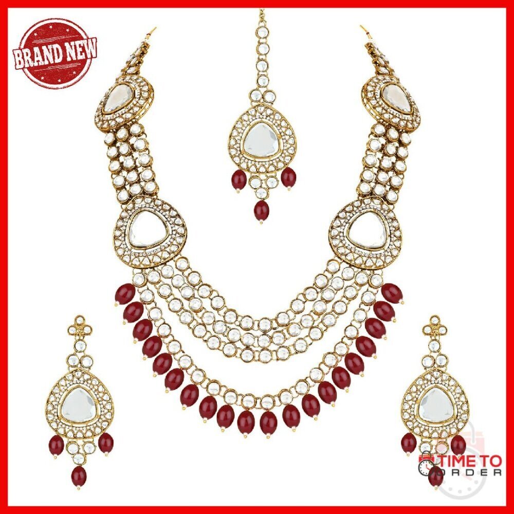 Gold Plated Pearl Kundan Bridal Necklace Set with Earrings & Maang Tikka